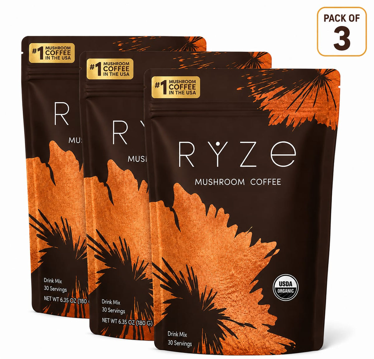 RYZE Mushroom Coffee – Pack of 3 | Organic Mushroom Coffee Drink Mix | 90 Servings