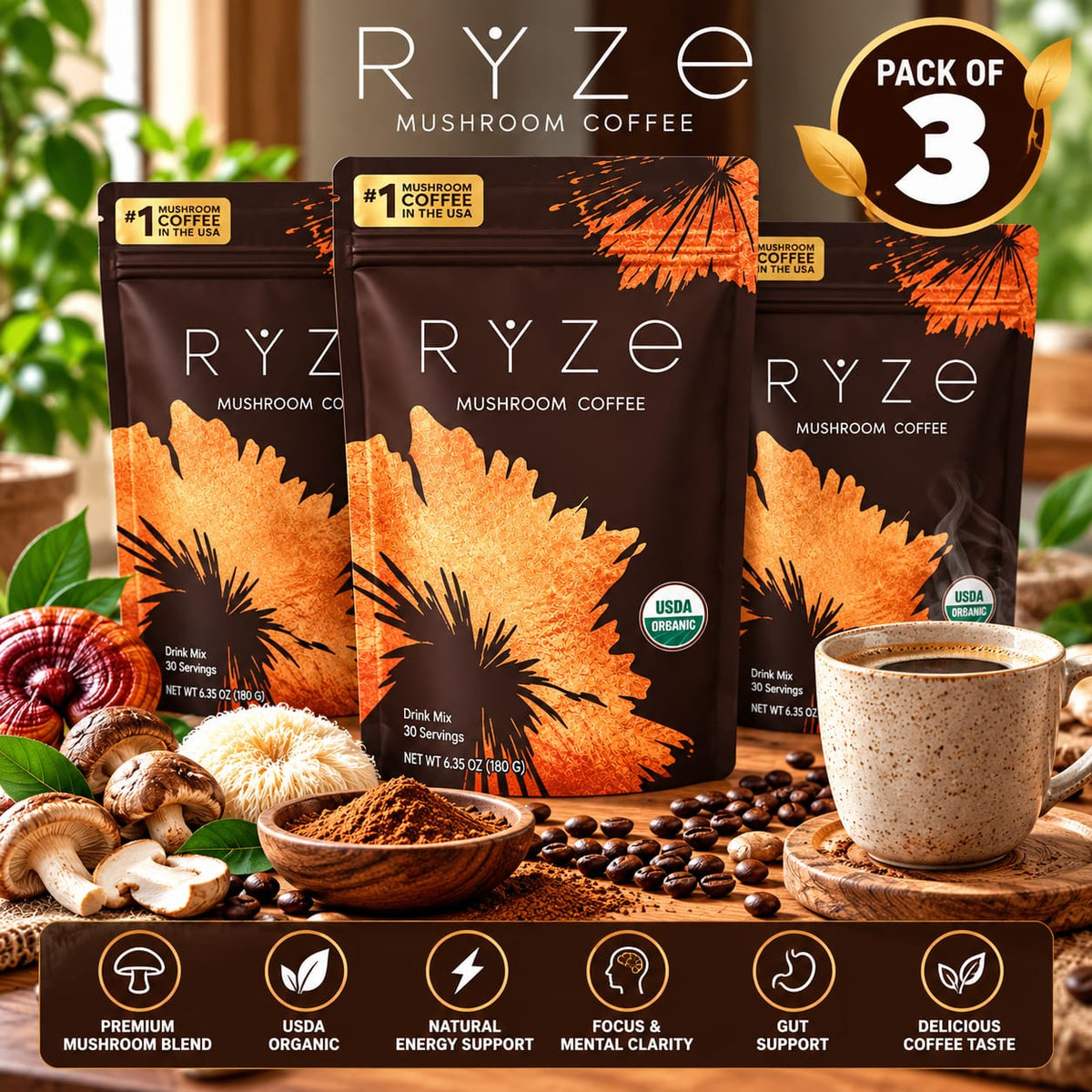 RYZE Mushroom Coffee – Pack of 3 | Organic Mushroom Coffee Drink Mix | 90 Servings