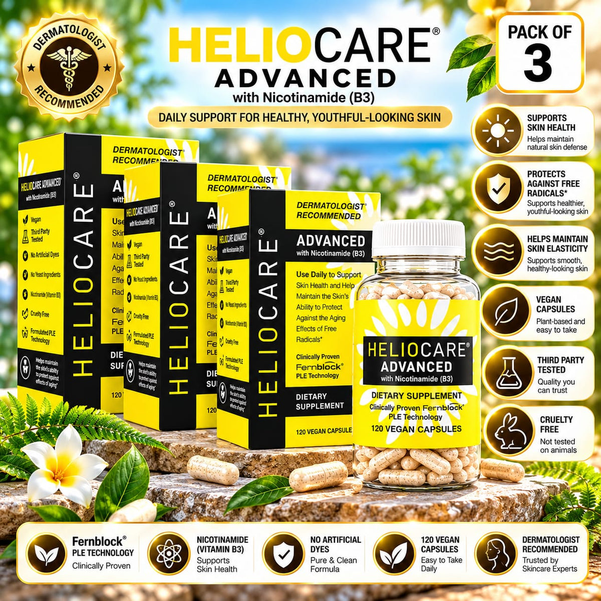 Heliocare Advanced with Nicotinamide (Vitamin B3) – Pack of 3 | Fernblock PLE Technology | Skin Health Support | 360 Vegan Capsules