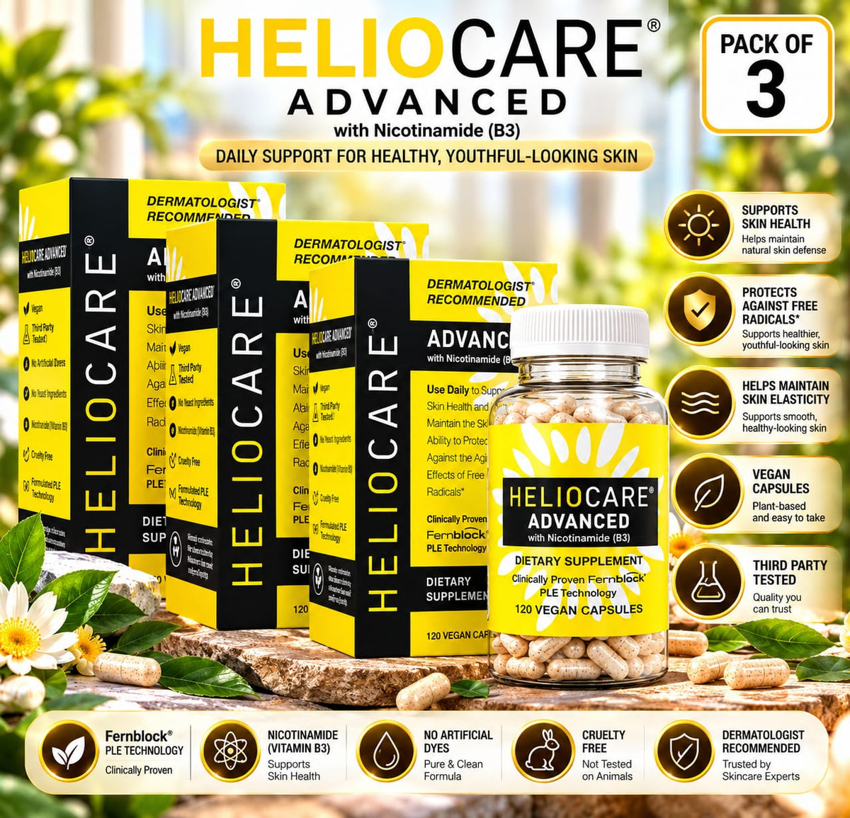 Heliocare Advanced with Nicotinamide (Vitamin B3) – Pack of 3 | Fernblock PLE Technology | Skin Health Support | 360 Vegan Capsules