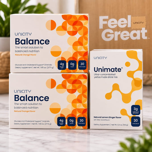 Unicity Combo Pack of 3 – 2 Balance Natural Orange + 1 Unimate Lemon Ginger | 90 Stick Packs