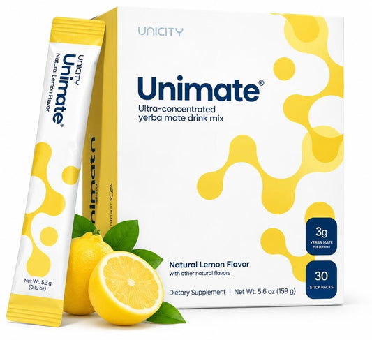Unicity Unimate – Natural Lemon Flavor | Yerba Mate Energy Drink Mix | 30 Stick Packs