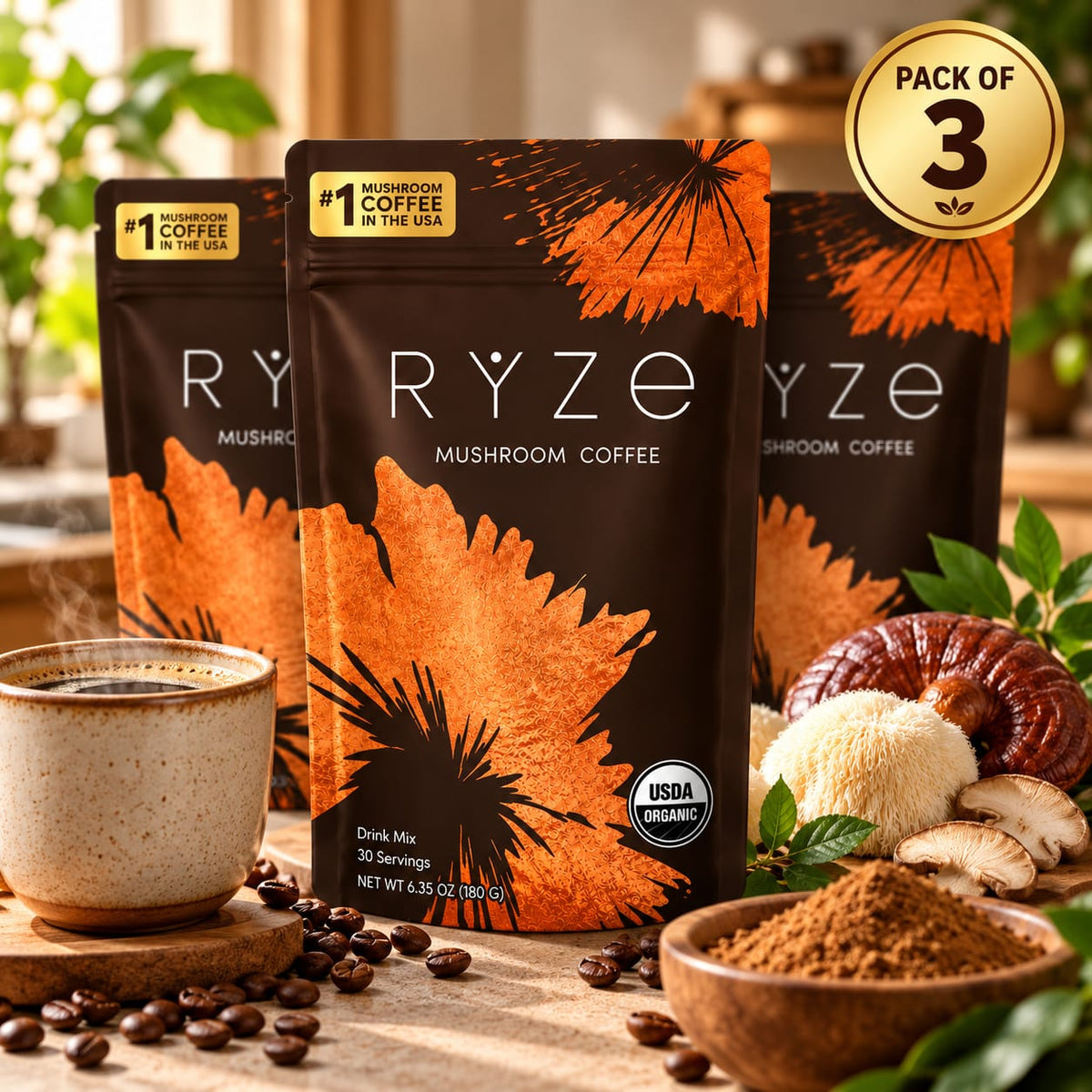 RYZE Mushroom Coffee – Pack of 3 | Organic Mushroom Coffee Drink Mix | 90 Servings
