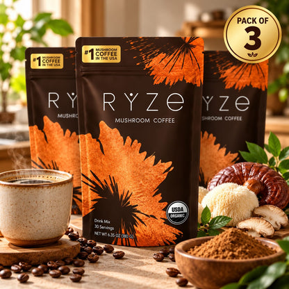 RYZE Mushroom Coffee – Pack of 3 | Organic Mushroom Coffee Drink Mix | 90 Servings