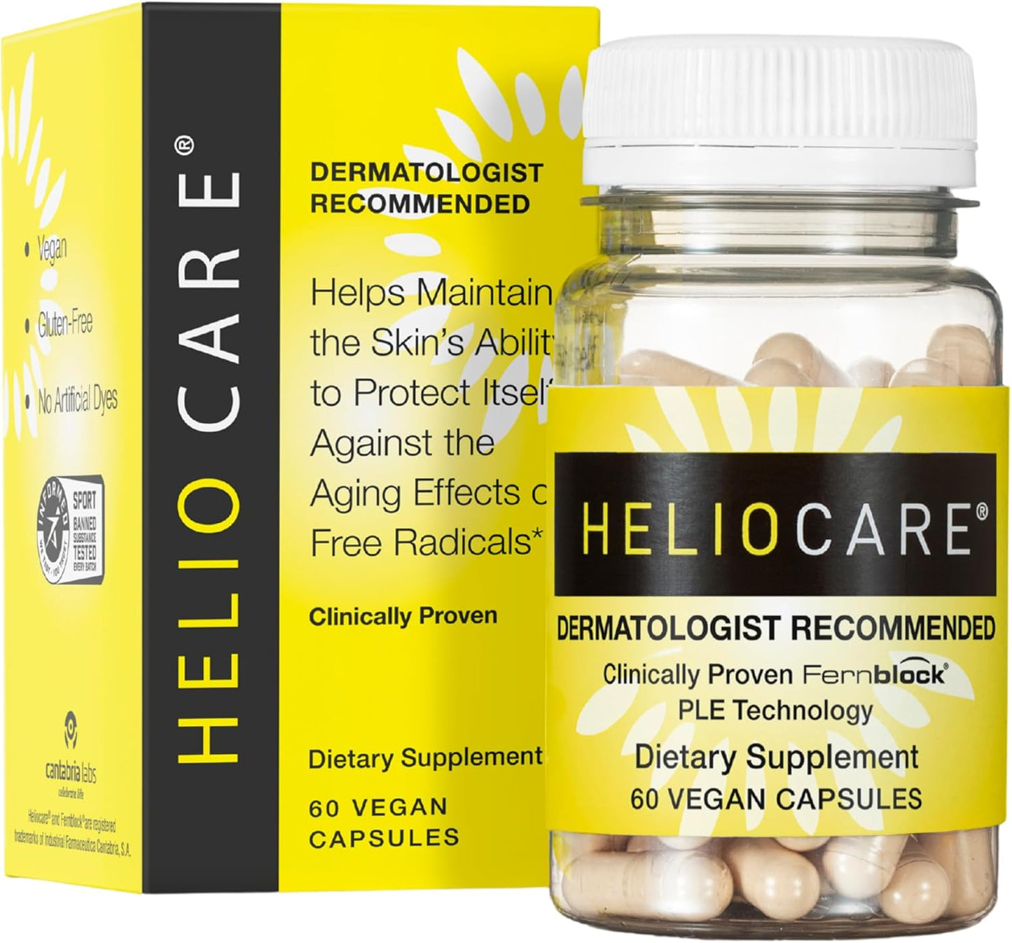 Helocre Skin Care Dietary Supplement: 240mg Polypodium Leucotomos Extract Pills - Antioxidant Rich Formula with Fernblock and PLE Technology - 60 Veggie Capsules