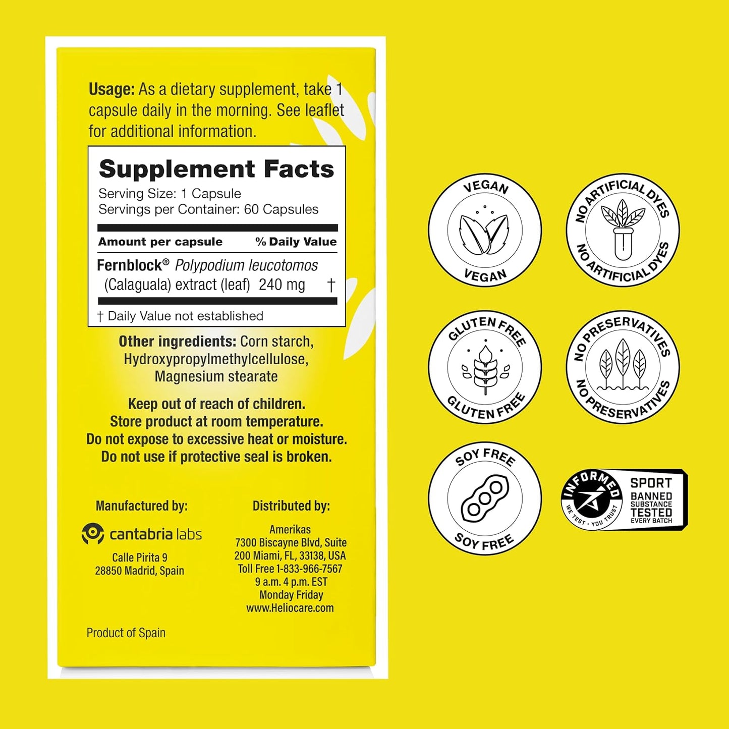 Helocre Skin Care Dietary Supplement: 240mg Polypodium Leucotomos Extract Pills - Antioxidant Rich Formula with Fernblock and PLE Technology - 60 Veggie Capsules