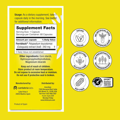 Helocre Skin Care Dietary Supplement: 240mg Polypodium Leucotomos Extract Pills - Antioxidant Rich Formula with Fernblock and PLE Technology - 60 Veggie Capsules