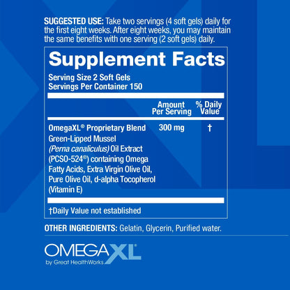 Omga XL Joint Support Supplement - Natural Muscle Support, Green Lipped Mussel Oil, Soft Gel Pills, Drug-Free, 300 Count