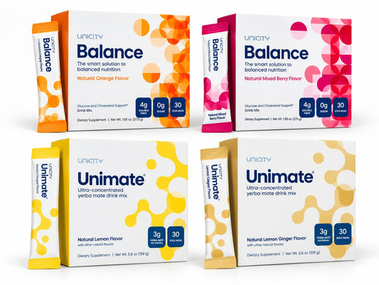 Unicity Balance & Unimate Combo Bundle | All 4 Flavors | Pack of 4 – 120 Stick Packs