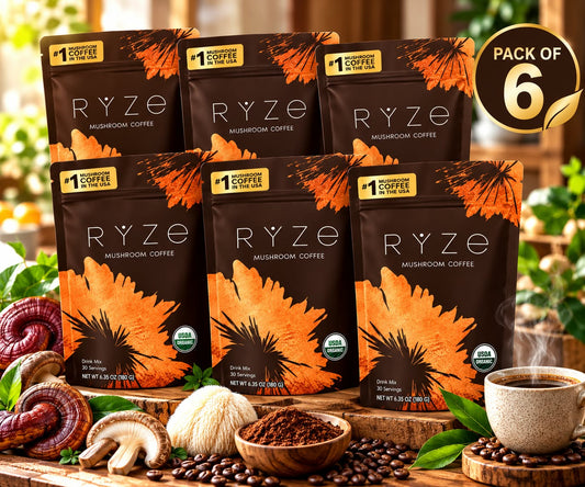 RYZE Mushroom Coffee – Pack of 6 | Organic Mushroom Coffee Drink Mix | 180 Servings | Value Bundle