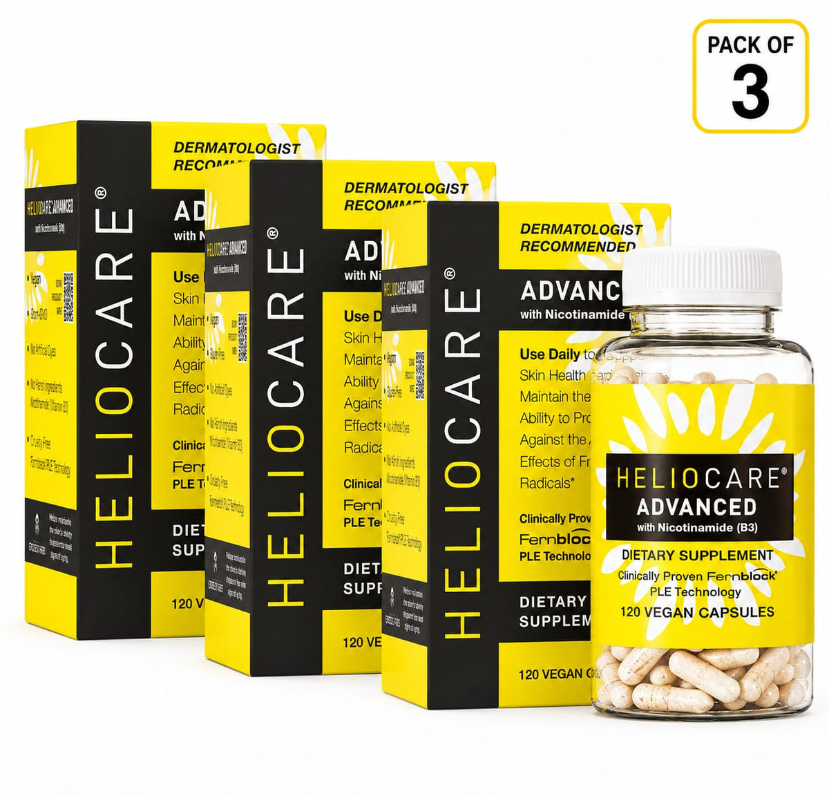 Heliocare Advanced with Nicotinamide (Vitamin B3) – Pack of 3 | Fernblock PLE Technology | Skin Health Support | 360 Vegan Capsules
