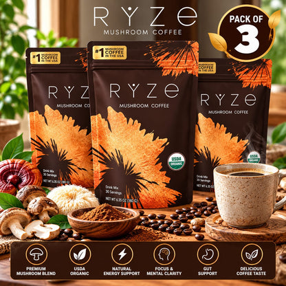 RYZE Mushroom Coffee – Pack of 3 | Organic Mushroom Coffee Drink Mix | 90 Servings