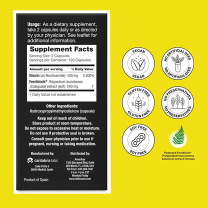 Helocre Advanced Niacin B3 Supplement: Fernblock PLE Extract 240mg Per Serving - Supports Skin Cell Health W/Antioxidant Rich Vitamin B3 Niacin 500 mg - 120 Vegan Capsules